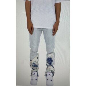 MNML Jeans Skinny Retro Ocean Waves Mountain Art Washed Denim Pants 36